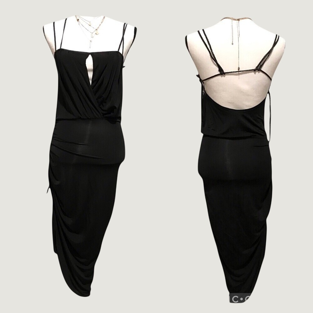 Bebe Black Siren Draped Ruched Side Spaghetti Strap Midi Dress Size S